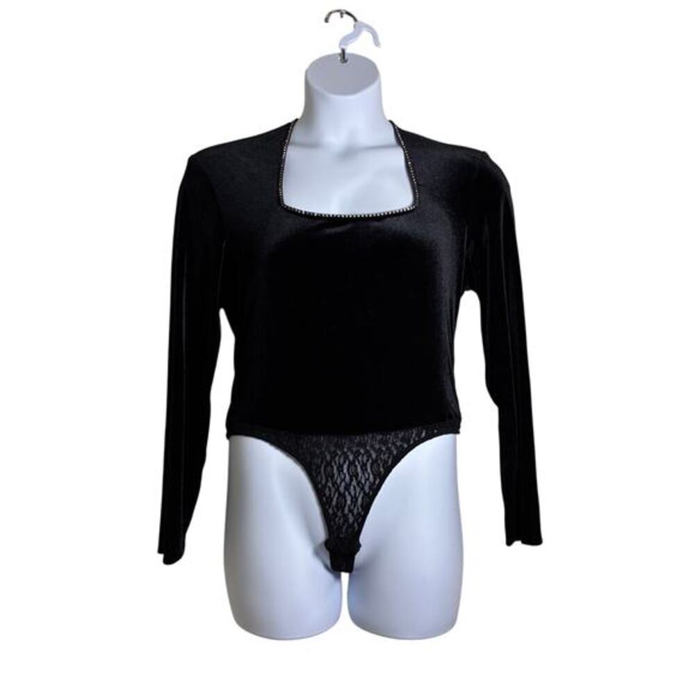 Vintage Caché Bodysuit L black stretch velvet rhinestone neckline shoulder pads